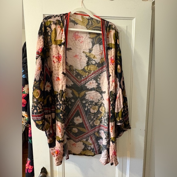 Anthropologie Accessories - Floral Open-Front Kimono Cardigan - Black, Pink & Olive